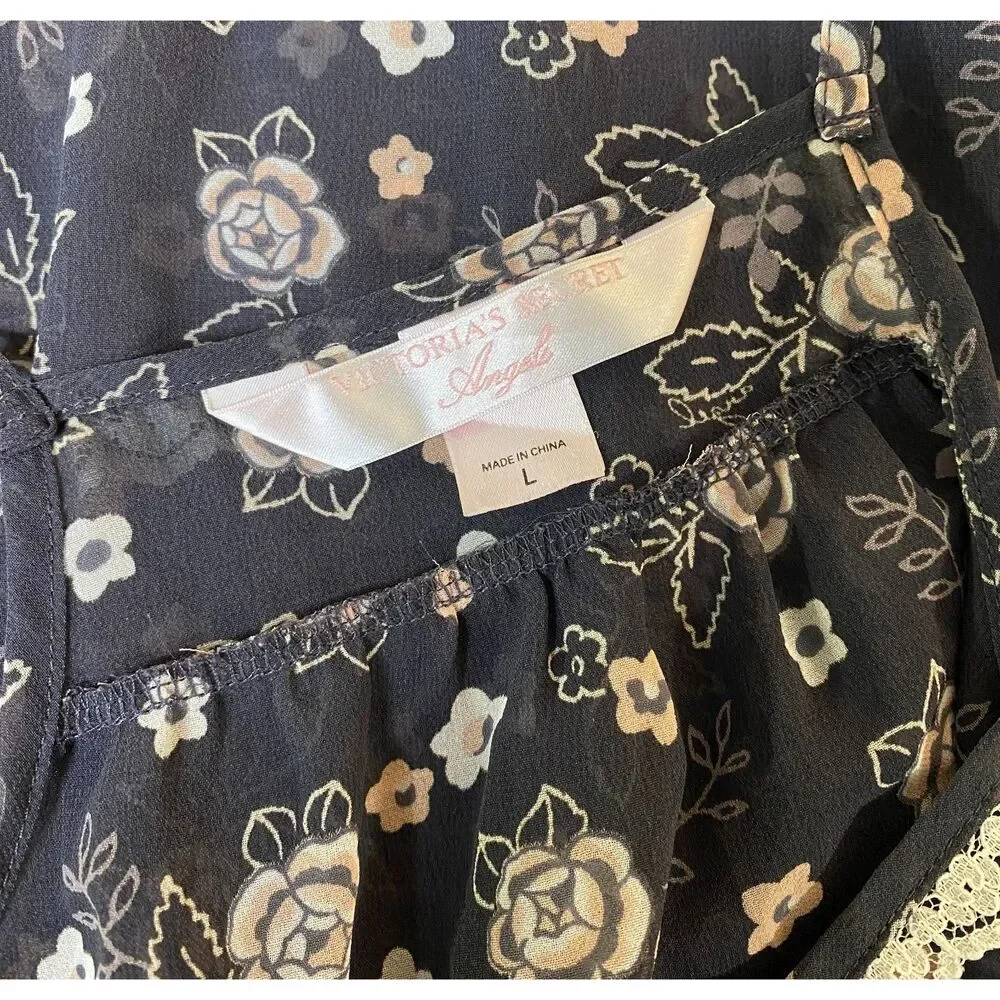 VICTORIA'S SECRET Angels Babydoll NEGLIGEE Sleep Slip Sheer Gray Floral L